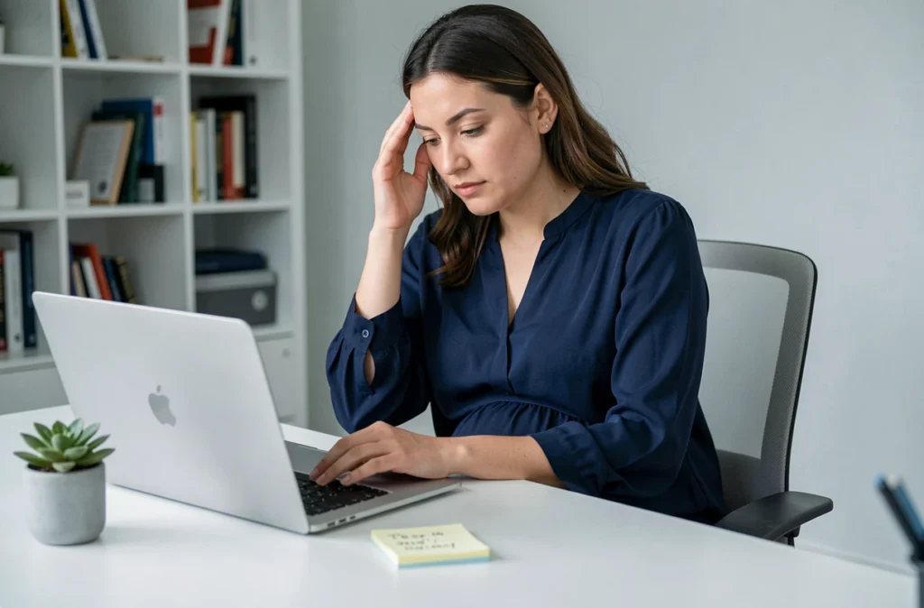 Femme enceinte au bureau essayant de se concentrer devant un ordinateur portable, symbolisant les difficultés de concentration liées à la grossesse