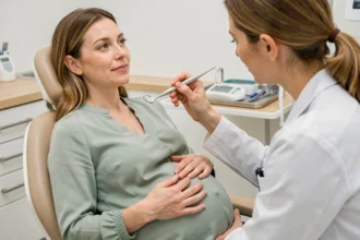 Femme enceinte lors d'une consultation dentaire, rassurée par sa dentiste dans un cabinet moderne