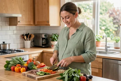 Femme enceinte préparant un repas végétarien équilibré dans une cuisine moderne avec des légumes frais et colorés