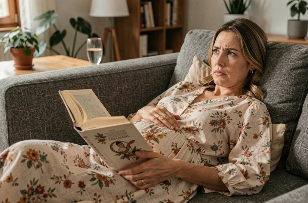 Femme enceinte allongée sur un canapé tenant un livre ouvert avec un regard absent, évoquant les oublis et la distraction mentale durant la grossesse