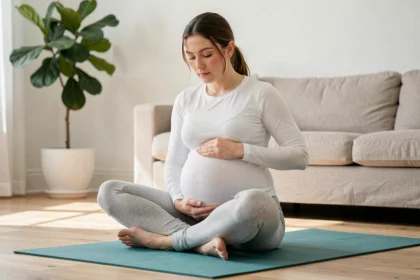 Femme enceinte faisant des exercices de bascule du bassin sur un tapis de yoga pour prévenir les douleurs lombaires