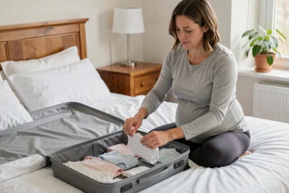 Femme enceinte préparant sa valise de maternité avec des vêtements de nouveau-né sur un lit blanc