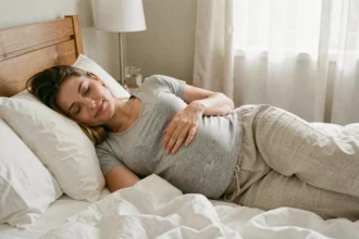 Femme enceinte dormant paisiblement sur le côté, main posée sur le ventre, illustrant l'importance du sommeil durant la grossesse