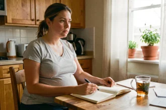 Femme enceinte distraite assise à une table de cuisine avec un carnet ouvert, illustrant les troubles de la mémoire pendant la grossesse