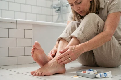Femme examinant une brûlure sur la plante du pied dans une salle de bain, avec une trousse de premiers secours ouverte à côté d'elle