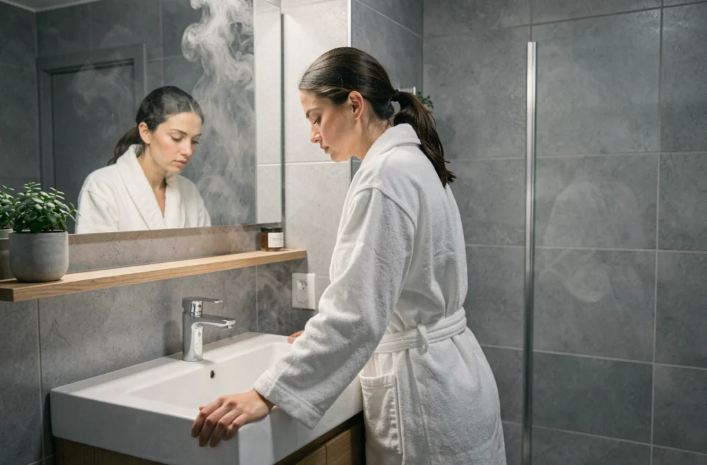 Jeune femme fatiguée dans une salle de bain moderne, symbolisant les symptômes invisibles et chroniques de l'endométriose