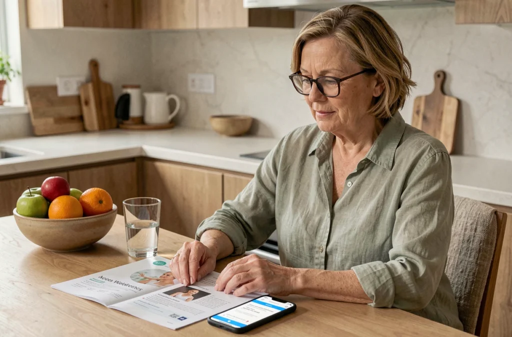 Femme d'une cinquantaine d'années consultant un guide santé imprimé et le site Vitalsan sur smartphone dans une cuisine moderne