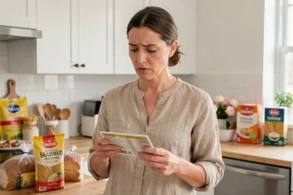 Femme adulte atteinte de maladie coeliaque lisant les étiquettes de produits alimentaires dans une cuisine moderne
