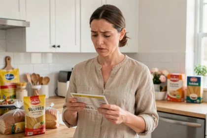 Femme adulte atteinte de maladie coeliaque lisant les étiquettes de produits alimentaires dans une cuisine moderne