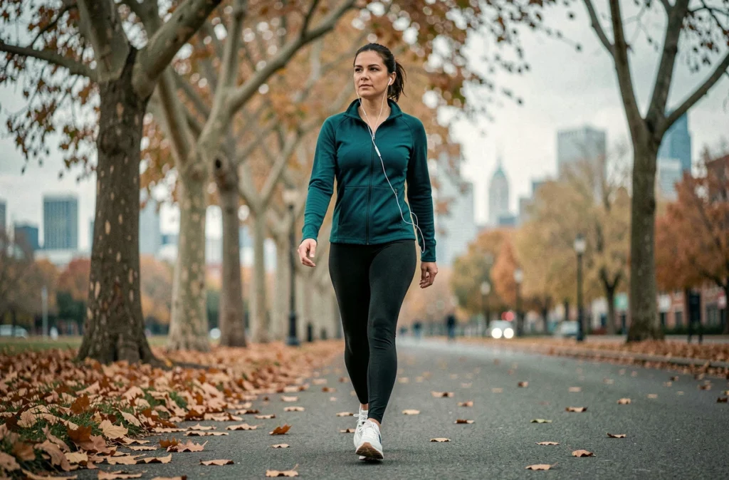 Femme marchant dans un parc urbain en automne pour gérer son stress et maintenir un poids sain