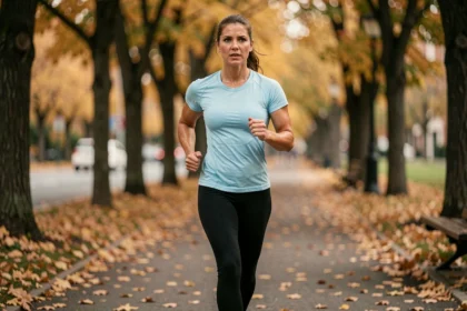Femme sportive faisant de la marche rapide dans un parc en automne pour perdre du poids