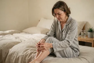 Femme massant ses mollets la nuit pour soulager les crampes dans les jambes avant de dormir