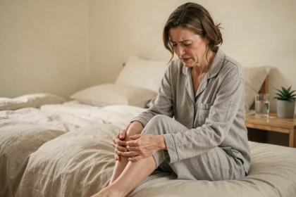 Femme massant ses mollets la nuit pour soulager les crampes dans les jambes avant de dormir