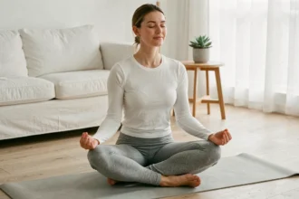 Femme pratiquant la méditation chez elle pour réduire le stress et éviter la prise de poids