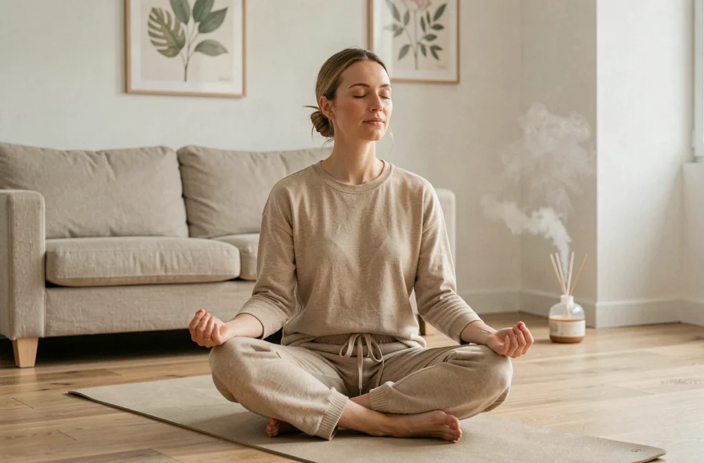 Jeune femme en méditation pratiquant la gestion du stress pour lutter contre la chute de cheveux