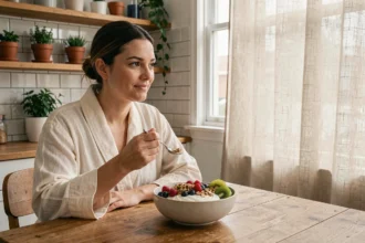 Femme en robe de lin savourant un petit-déjeuner équilibré avec yaourt, fruits et granola dans une cuisine naturelle