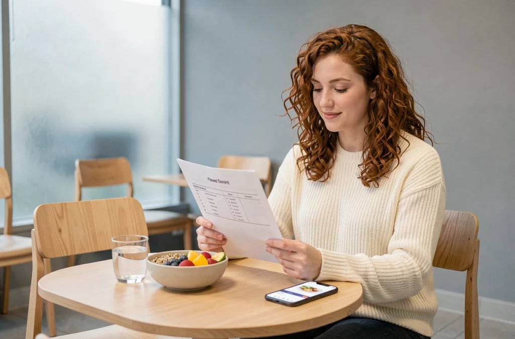 Jeune femme consultant son plan alimentaire personnalisé prescrit par un diététicien pour gérer ses intolérances