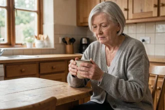 Femme âgée atteinte de polyarthrite rhumatoïde tenant une tasse avec des mains aux articulations déformées dans une cuisine