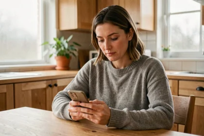 Femme cherchant un médecin proche sur l'application Kedoc depuis son smartphone dans sa cuisine