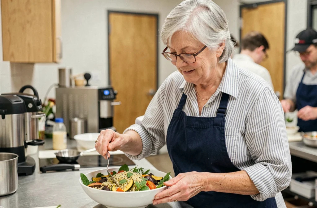 Une femme senior aux cheveux argentés dresse une assiette de salade santé lors d'un atelier cuisine, concentrée sur la présentation culinaire