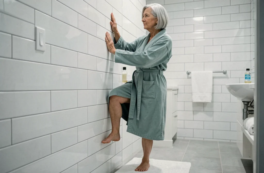Femme senior effectuant un étirement du pied dans la salle de bain dans le cadre d'une routine du soir contre les crampes