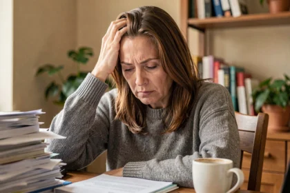 Femme stressée remarquant la perte de cheveux en se passant les doigts dans les cheveux à son bureau à domicile