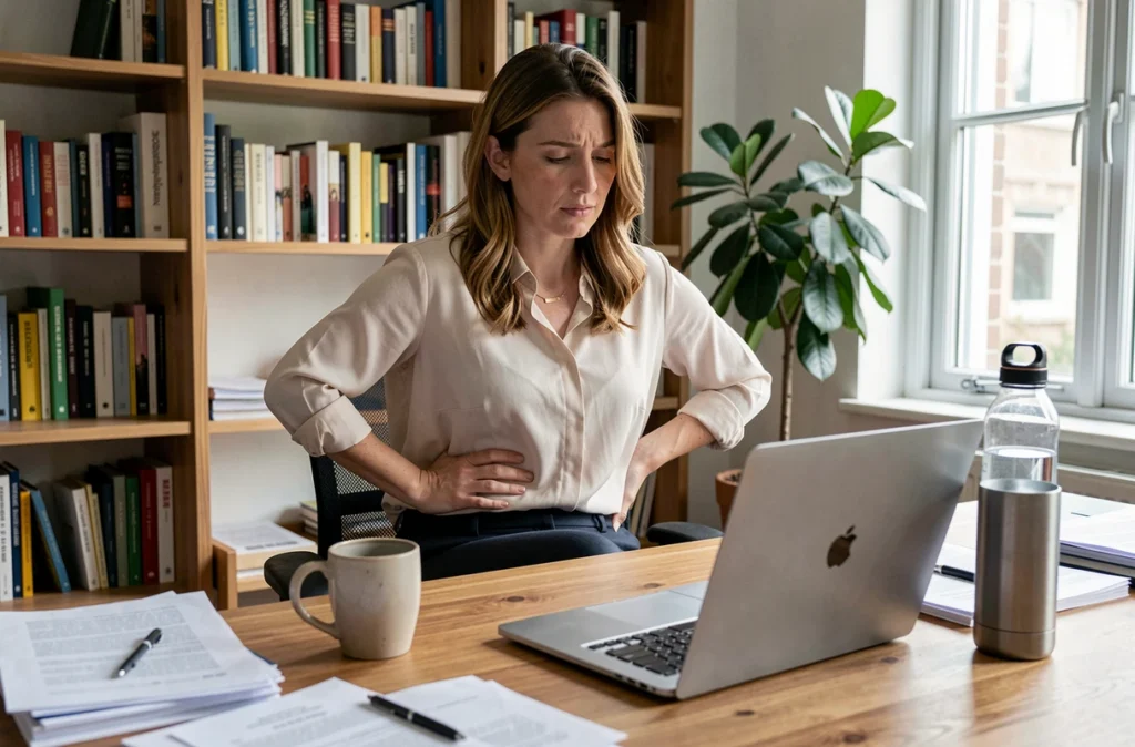 Femme en télétravail perturbée par une gêne urinaire récurrente affectant sa concentration au quotidien