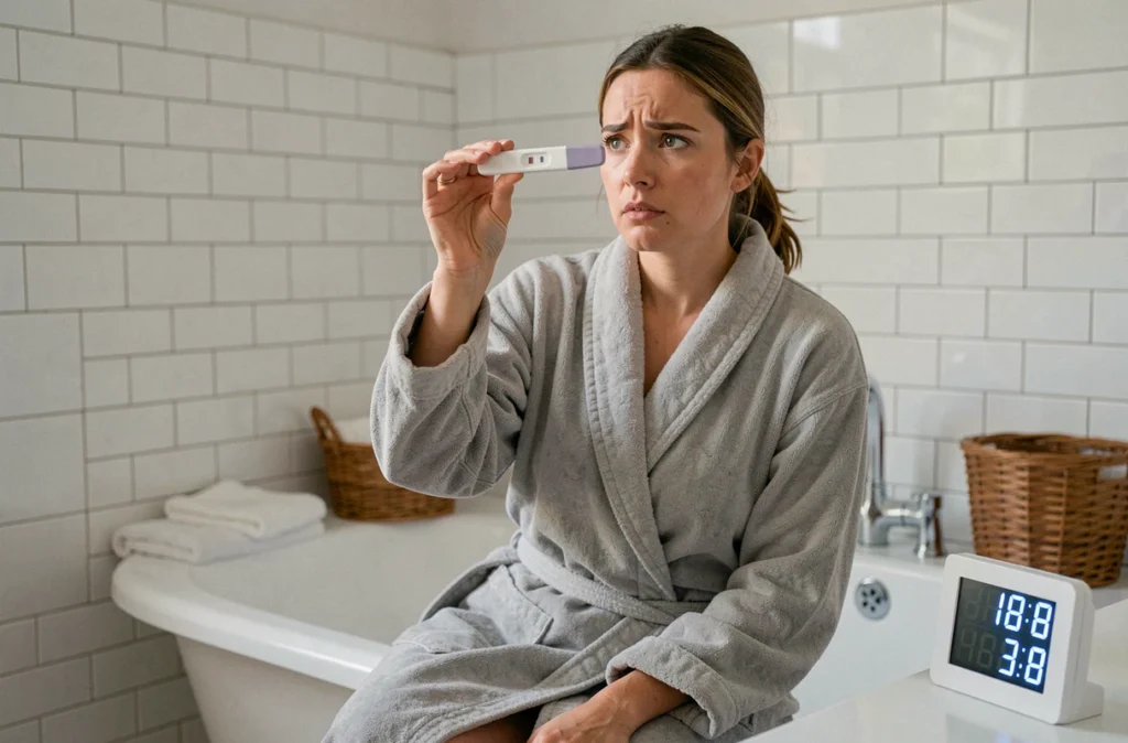 Femme en robe de chambre tenant un test de grossesse tôt le matin dans la salle de bain avec une expression incertaine