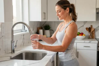 Femme versant un verre d'eau dans une cuisine moderne pour illustrer l'hydratation et le contrôle du poids