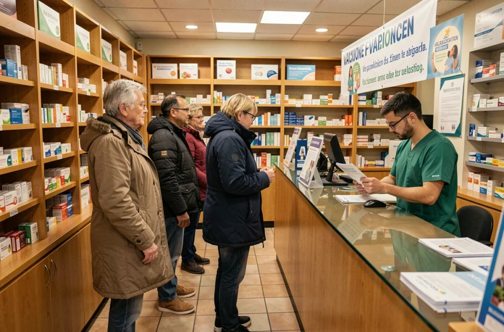 File d'attente de patients dans une pharmacie locale lors d'une campagne de vaccination