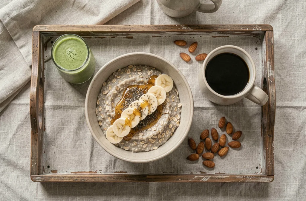 Flat-lay aérien d'un petit-déjeuner minceur avec porridge, smoothie vert et café noir sur nappe en lin