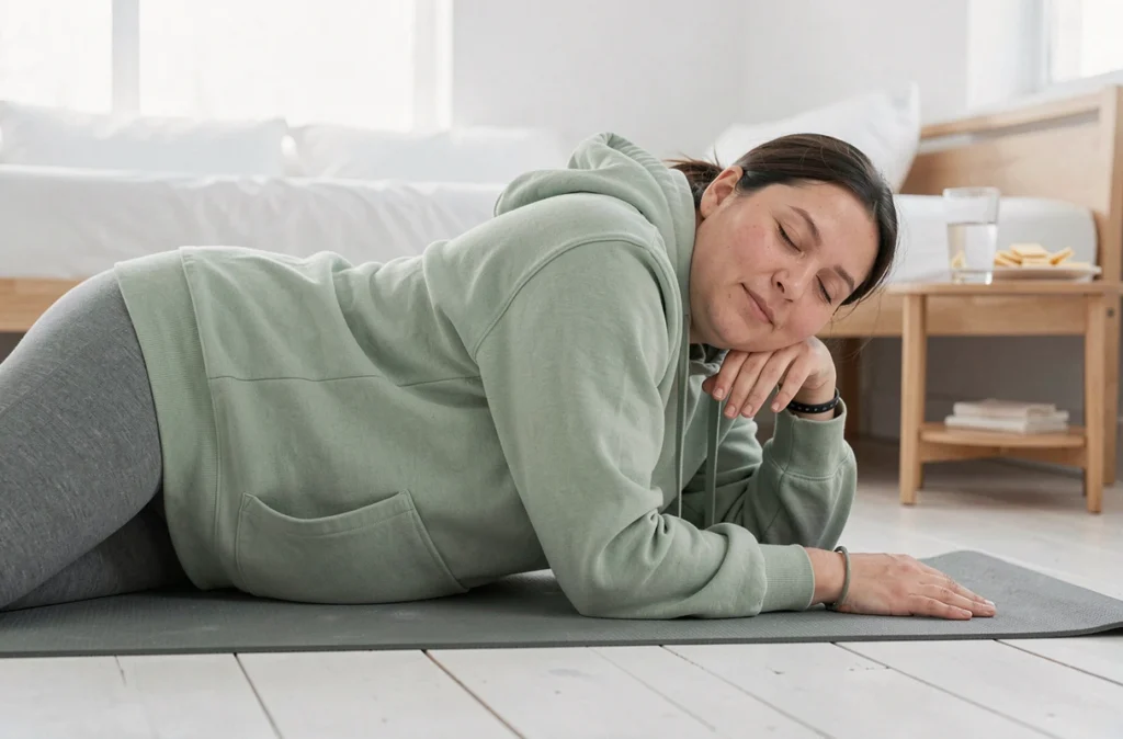 Femme enceinte allongée sur un tapis de yoga portant un bracelet d'acupression contre les nausées matinales en début de grossesse