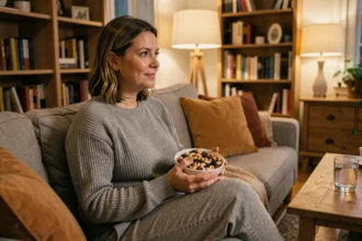Femme en soirée qui grignote sainement des fruits secs dans son salon pour éviter les excès caloriques