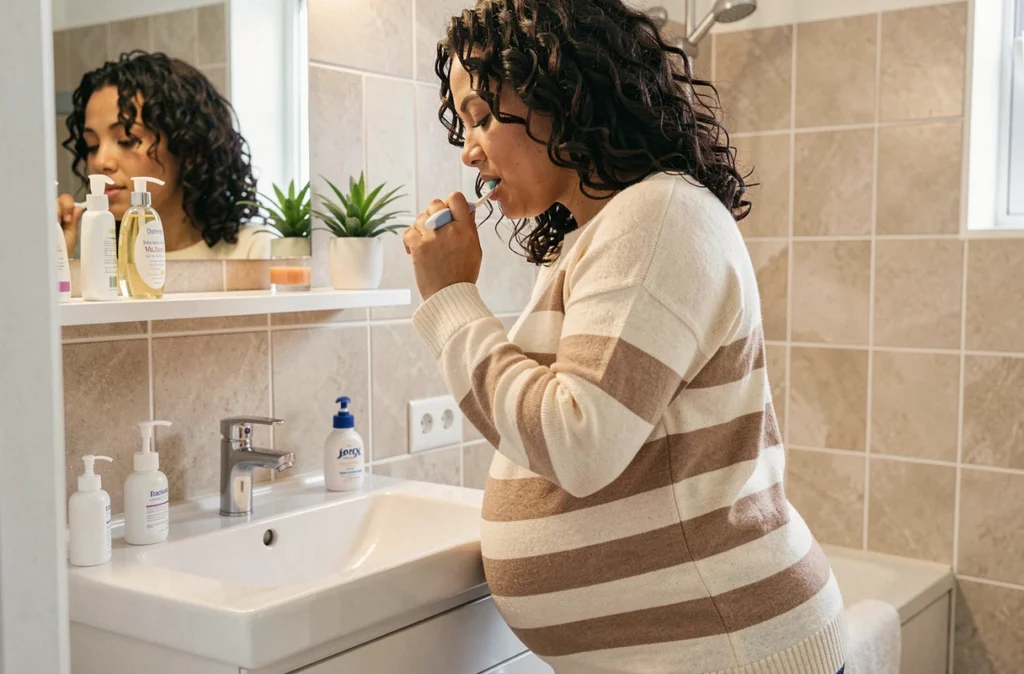 Femme enceinte se brossant les dents avec soin dans une salle de bain familiale