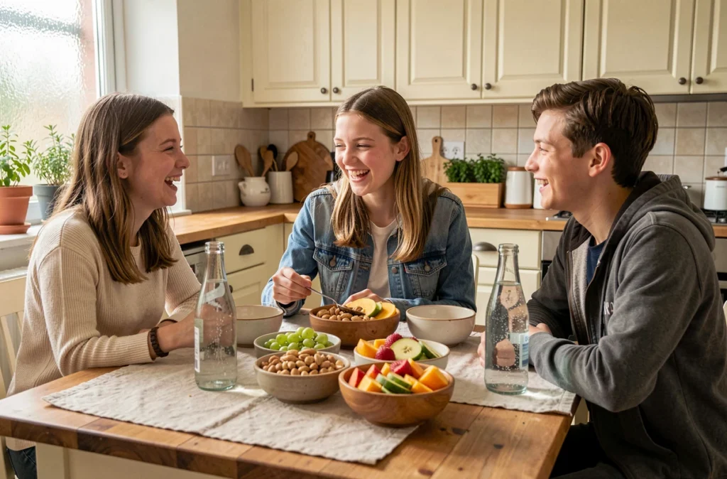Groupe d'adolescents belges partageant des collations saines et de l'eau pétillante autour d'une table de cuisine, reflétant la tendance à la réduction de sucre chez les jeunes en Belgique