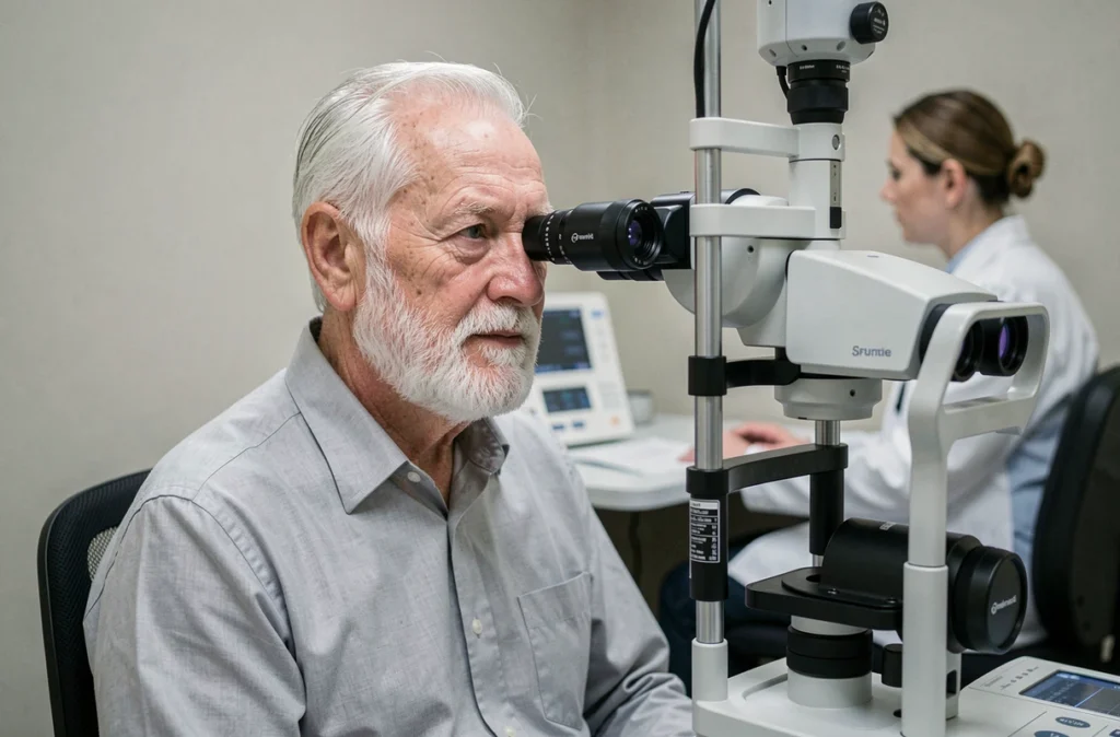 Homme âgé lors d'un examen ophtalmologique, symbolisant l'adaptation de la vue pour bien vieillir