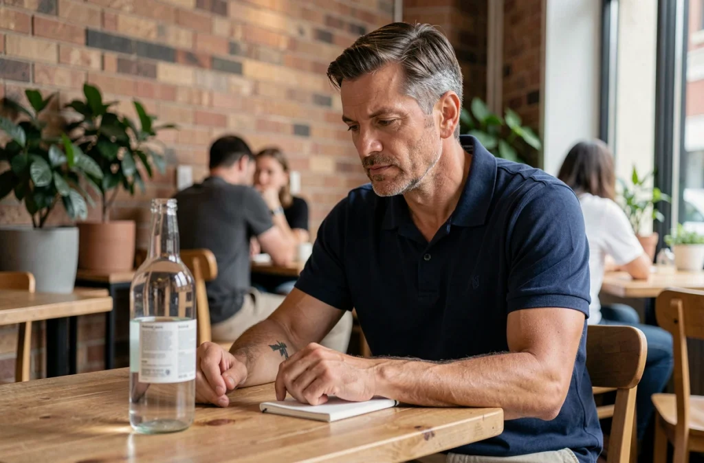 Homme attablé dans un café avec une bouteille d'eau minérale, illustrant l'hydratation consciente pour gérer son poids