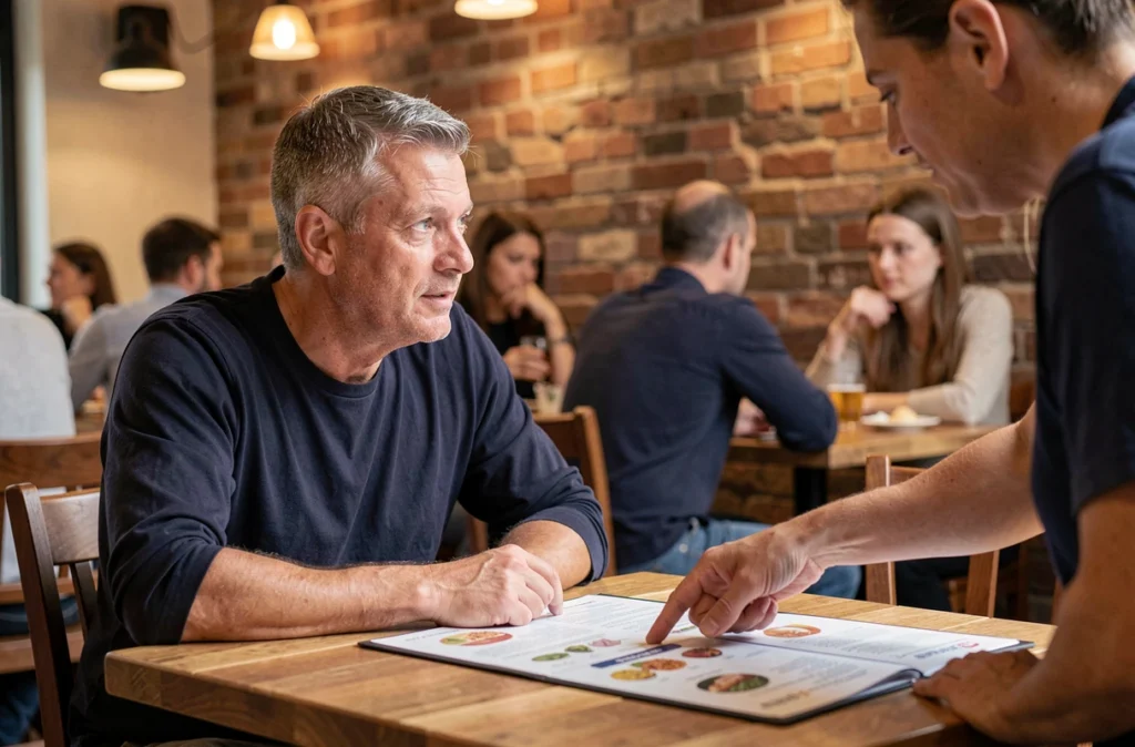 Homme adulte coeliaque discutant de ses restrictions alimentaires avec un serveur dans un restaurant