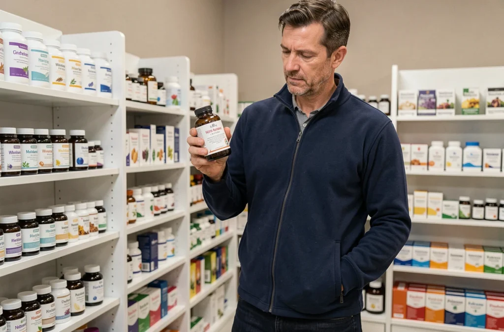 Homme lisant l'étiquette d'un complément alimentaire dans une pharmacie, illustrant l'analyse des produits santé recommandés par Vitalsan