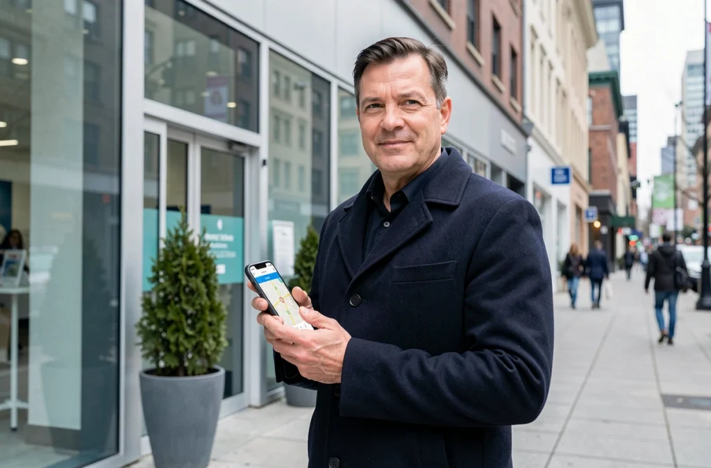 Homme devant une clinique urbaine utilisant Kedoc sur son téléphone pour localiser un médecin