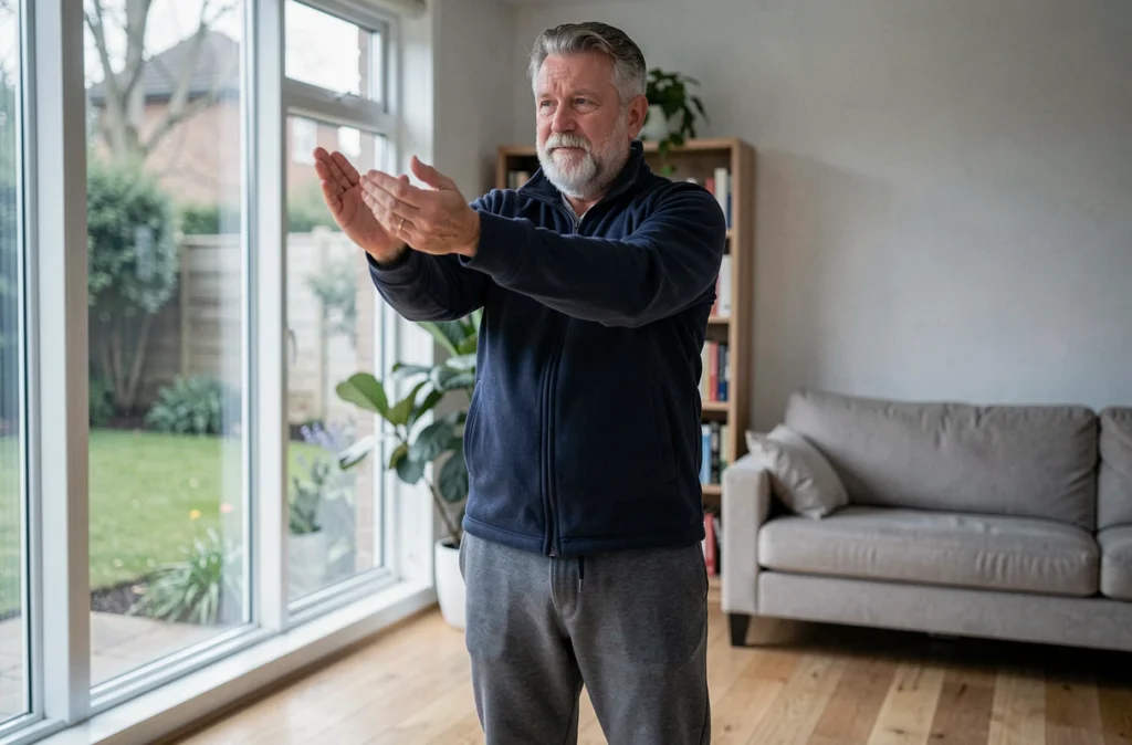 Homme senior effectuant des exercices d'étirement des poignets pour réduire les douleurs articulaires