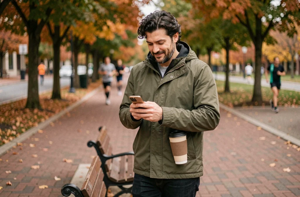 Homme en extérieur consultant une application mobile de gestion de maladie chronique dans un parc urbain