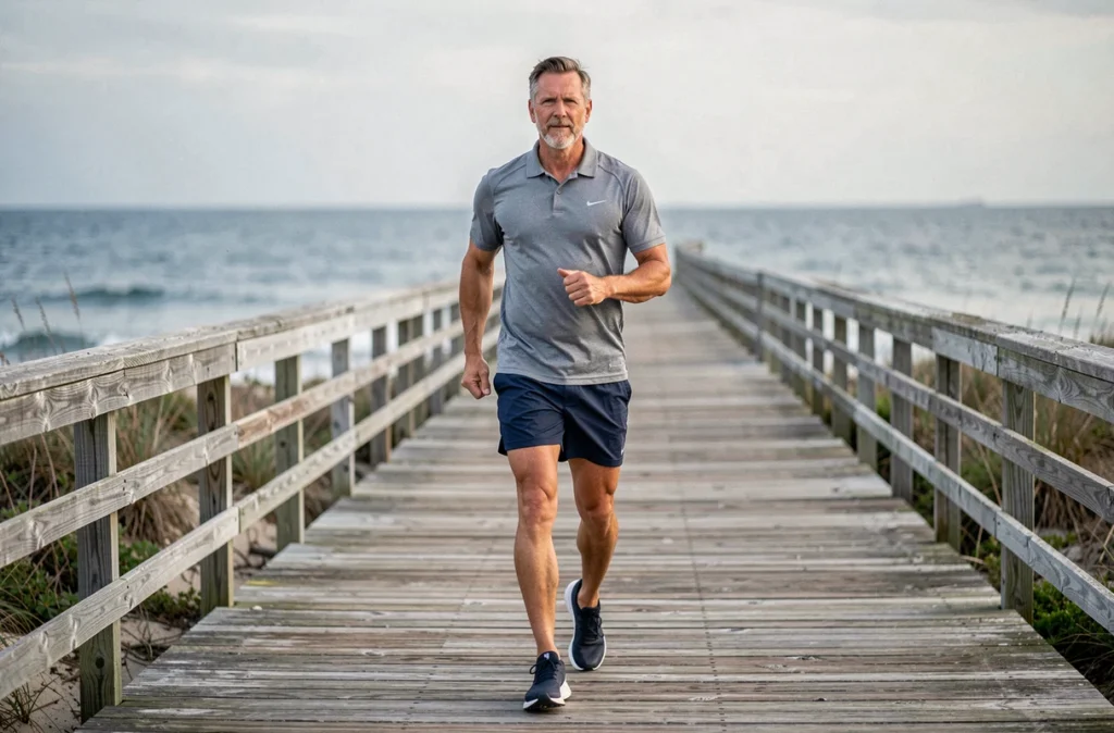 Homme d'âge mûr pratiquant la marche rapide sur un bord de mer pour favoriser la perte de poids