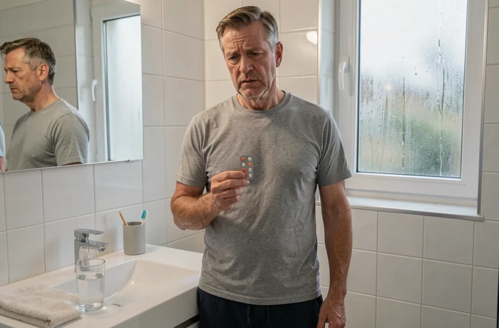 Homme adulte tenant des médicaments dans une salle de bain, illustrant le traitement des infections urinaires à répétition