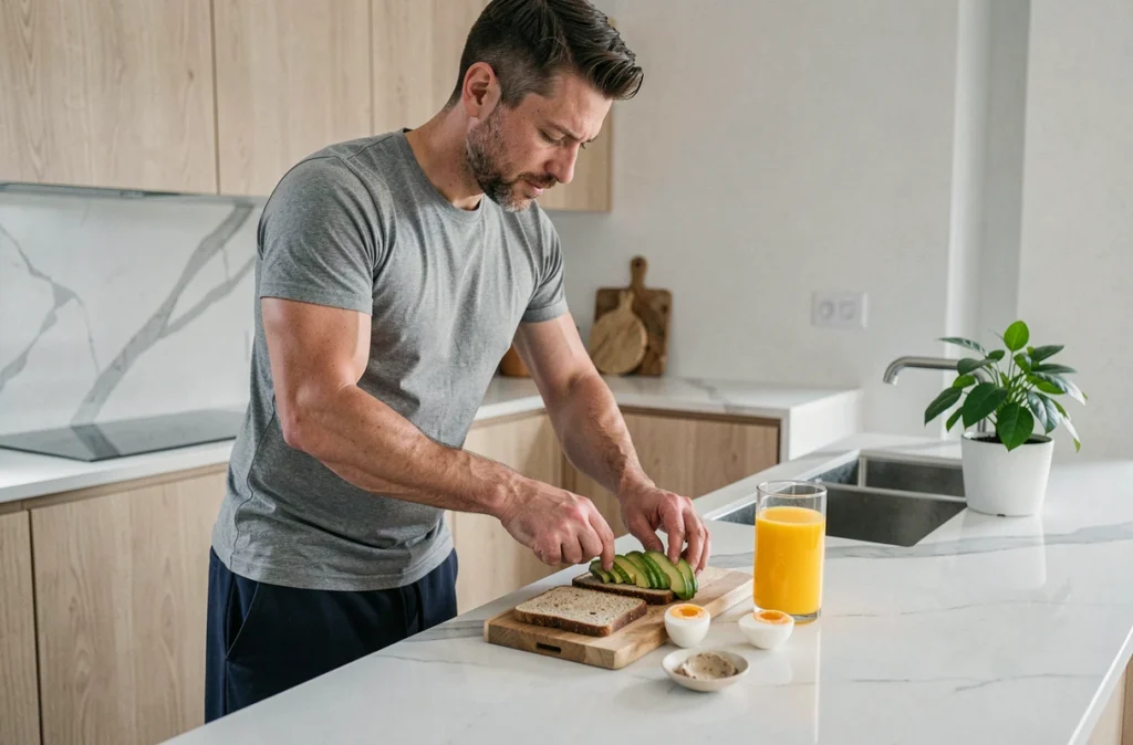 Homme préparant un petit-déjeuner sain avec toast complet, avocat et œuf dans une cuisine moderne scandinave