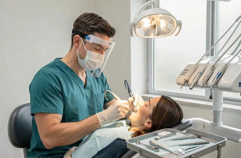 Hygiéniste dentaire réalisant un détartrage professionnel sur une patiente dans un cabinet dentaire, illustrant l'importance des soins préventifs
