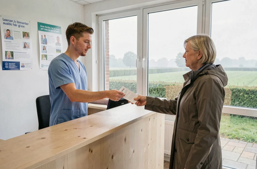 Infirmier accueillant une patiente dans un centre de santé rural rénové en Belgique