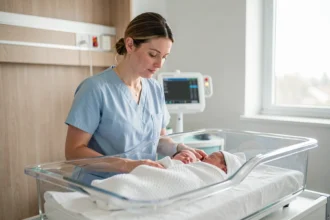 Infirmière en maternité prenant soin de jumeaux nouveau-nés dans un berceau d'hôpital moderne