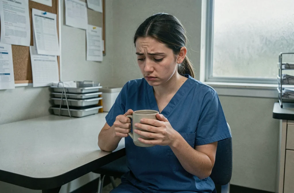 Infirmière épuisée prenant une pause dans la salle de repos d'un hôpital, tenant une tasse