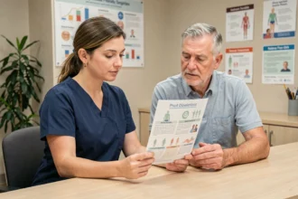 Infirmière expliquant un programme de prévention des maladies chroniques à un patient dans une clinique moderne